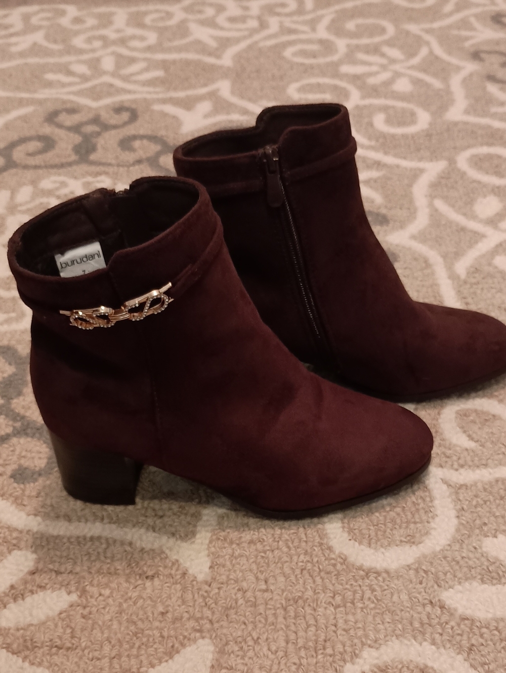 Burudani Vegan Suede Booties with Gold Chain Accent
